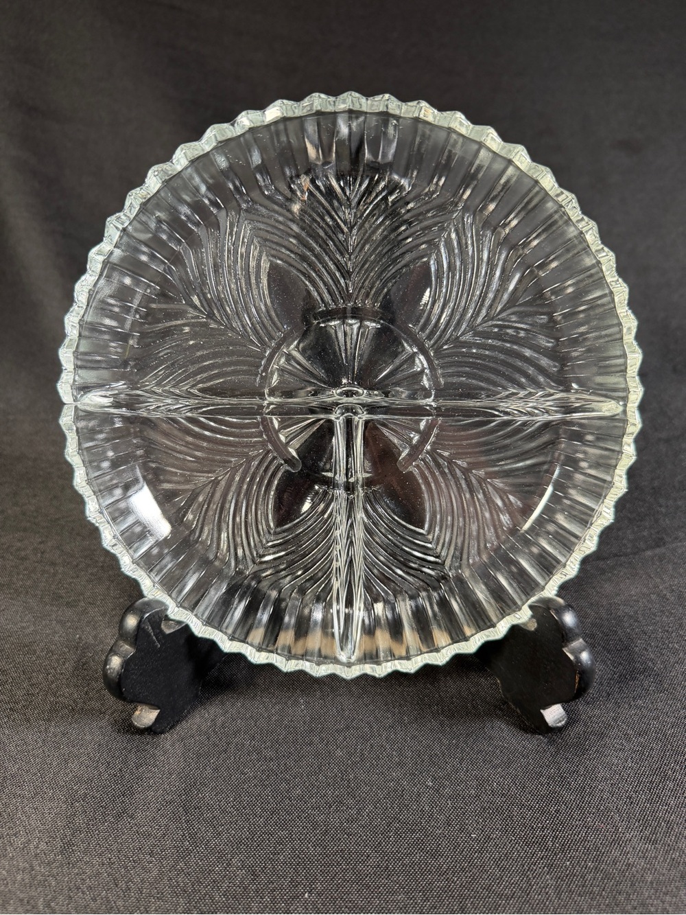 Vintage Indiana Glass 3 section Relish Dish, clear Ridge and Fan Pattern 259 MCM